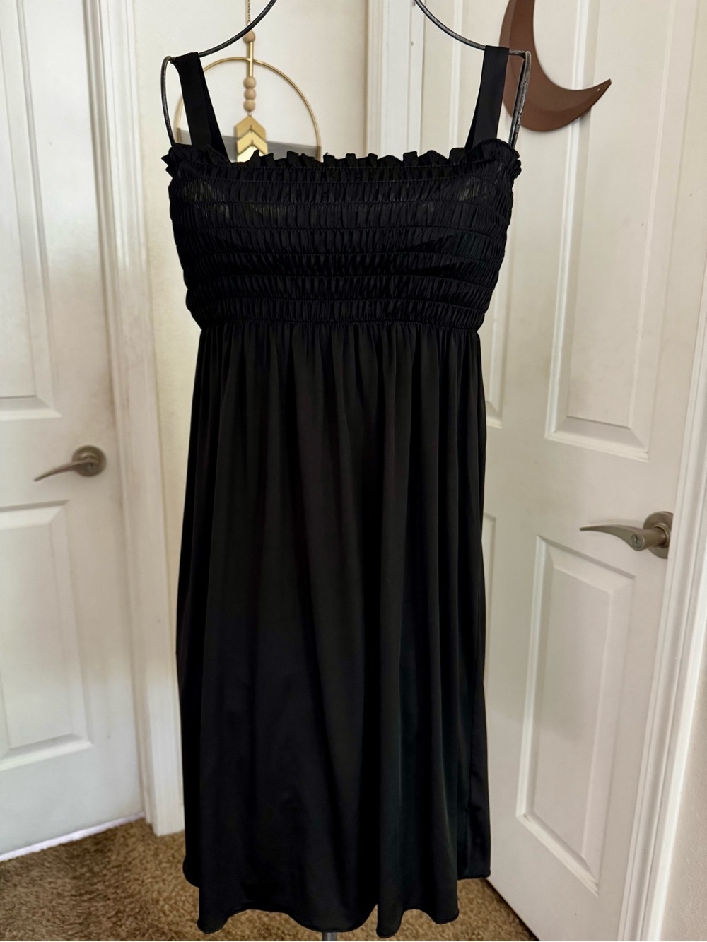 Black Smocked Midi Dress with Spaghetti Straps